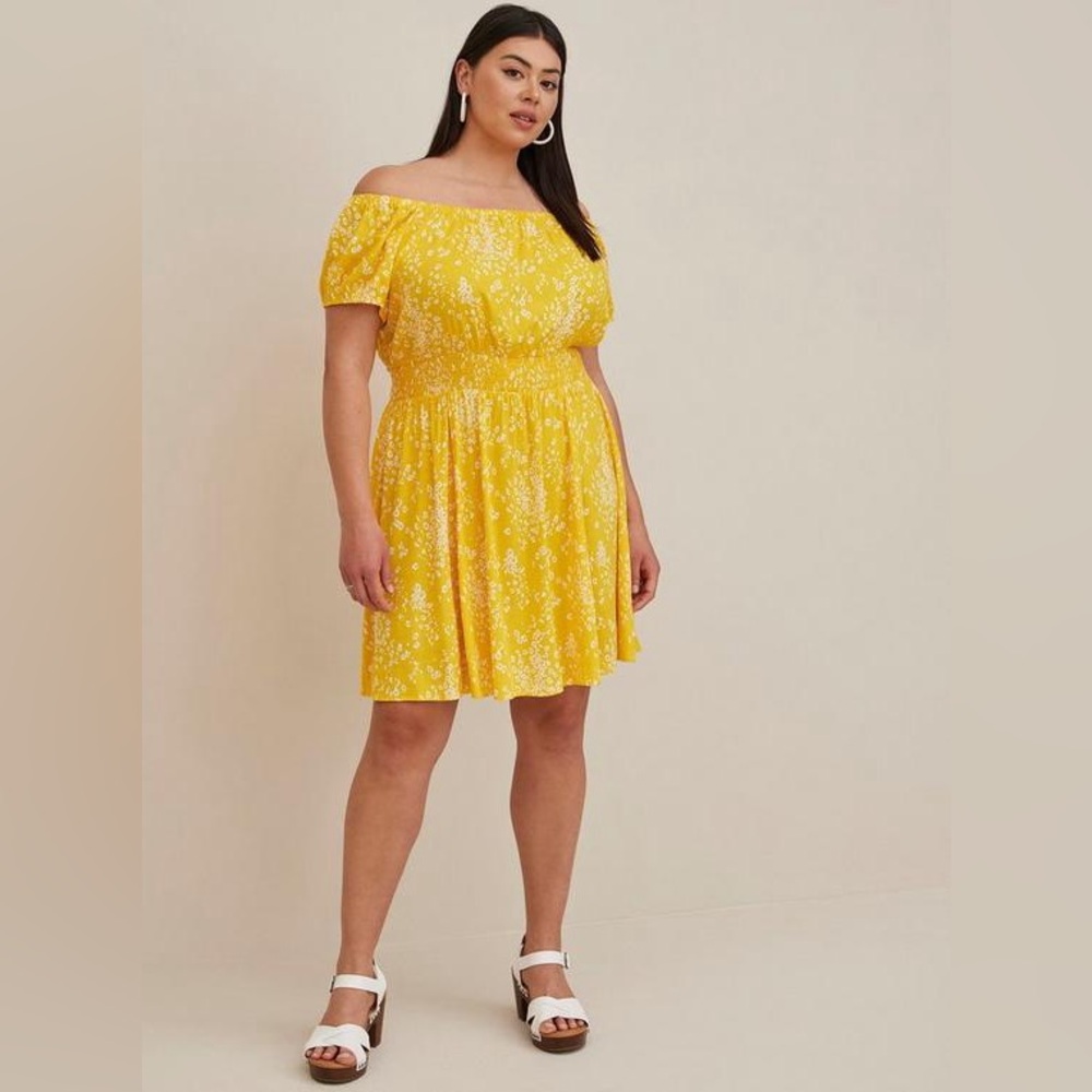 Torrid Summer Leopard Yellow Smocked Off-Shoulder Mini Dress 5X NWT